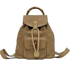 Gucci Bamboo Leather Drawstring Flap Handbag Beige Tan